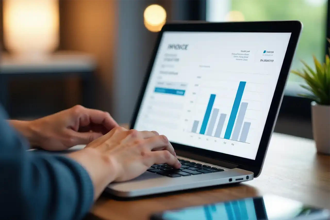Hands reviewing an invoice and billing chart on a laptop screen
