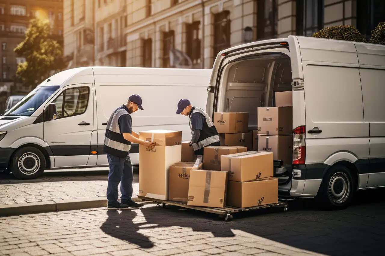 Delivery workers unloading packages from a cargo van in a city street