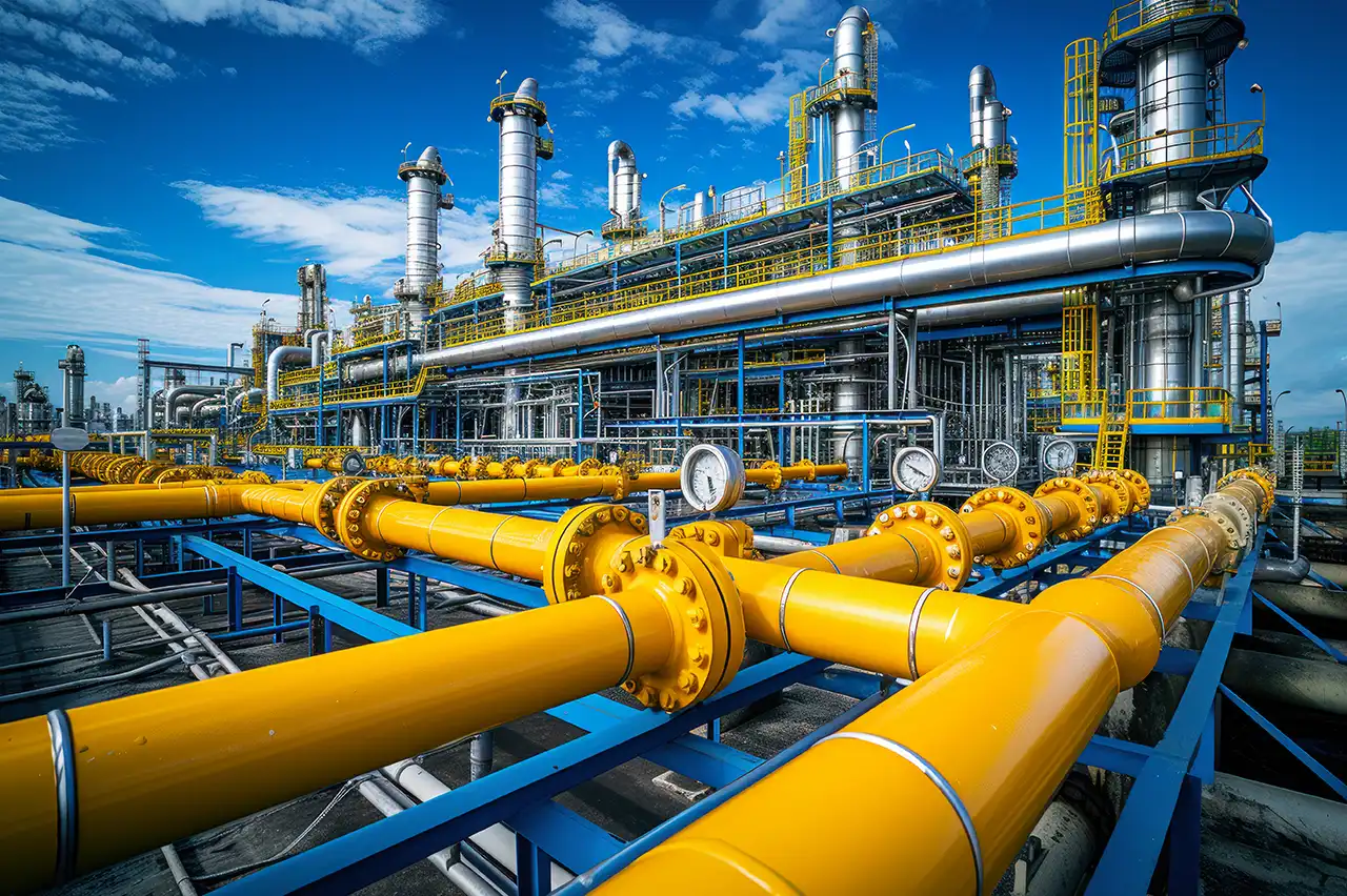 Natural gas processing facility with yellow pipelines, valves, and gauges