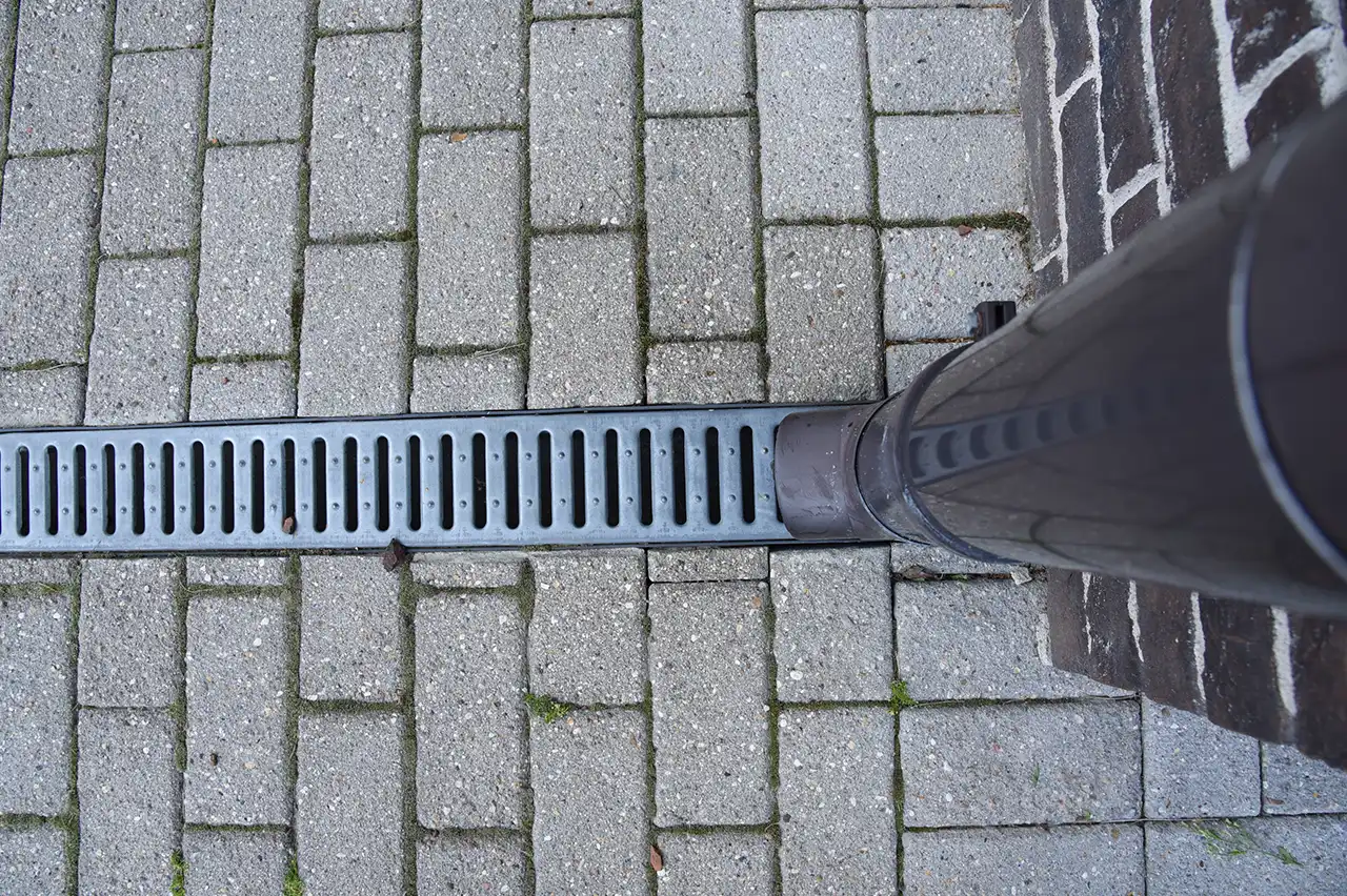 Trench drain and downspout directing runoff along a paved walkway