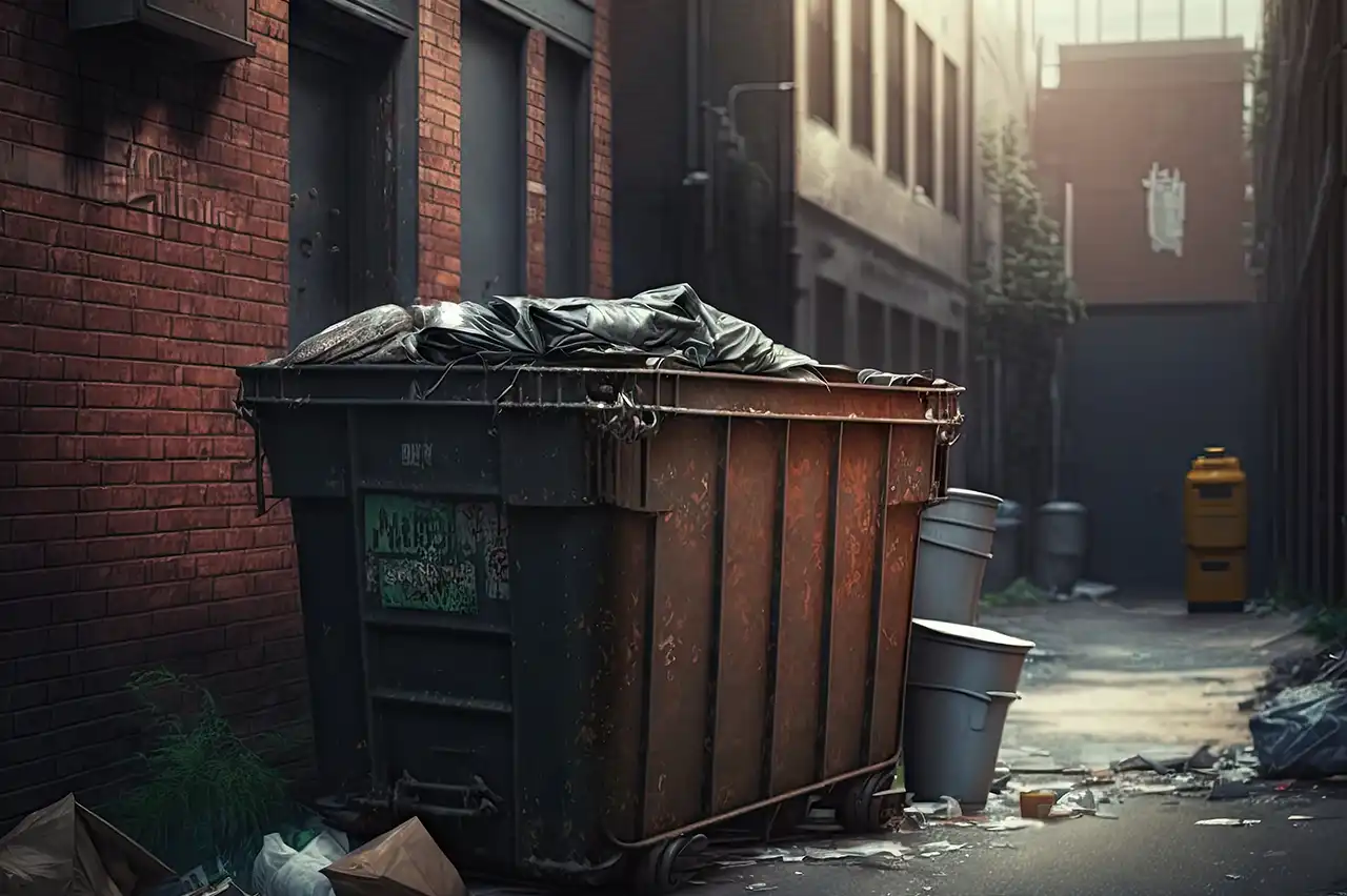 Commercial dumpster in an alley behind buildings with scattered trash