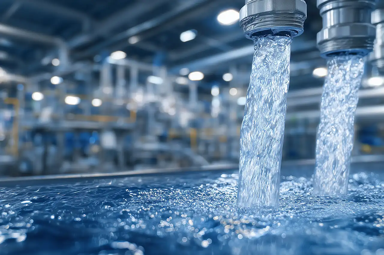 Water flowing from industrial pipes inside a treatment facility
